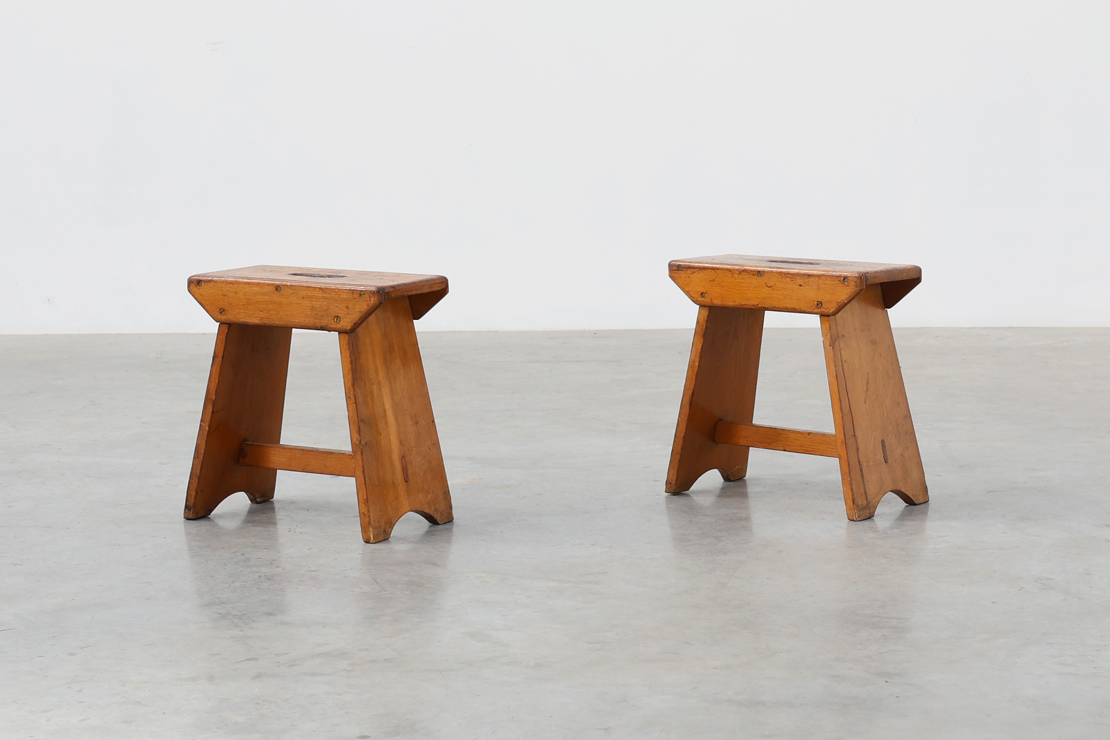 Rustic Pine Stool with Cut-Out Trestle Legs, Sweden, circa 1920thumbnail